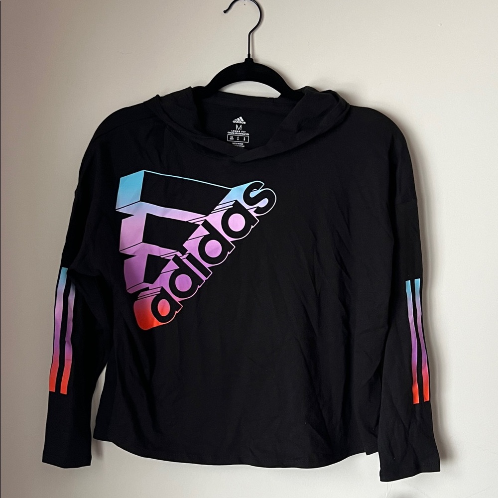 NWT ADIDAS Hoodie Girls Medium Black Graphic Cropped Long Sleeve Loose Pullover